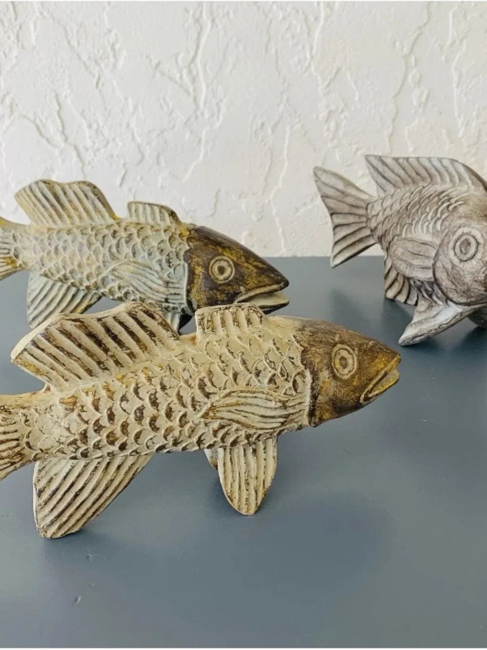 None set of 3 coastal fish figurines – rustic nautical beach home decor charming set of three coastal fish sculptures with a distressed